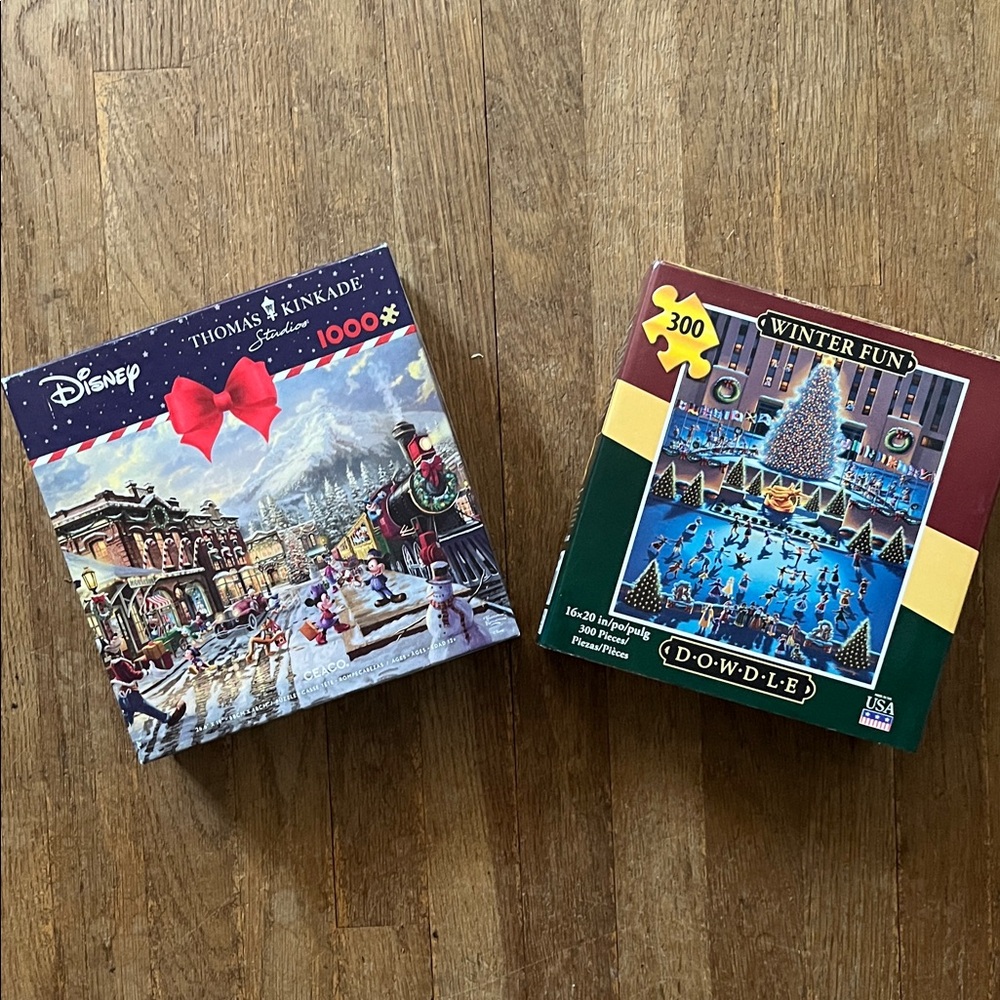 Thomas Kinkade Disney 1000pc & Dowdle Winter Fun 300pc Jigsaw Puzzle Bundle